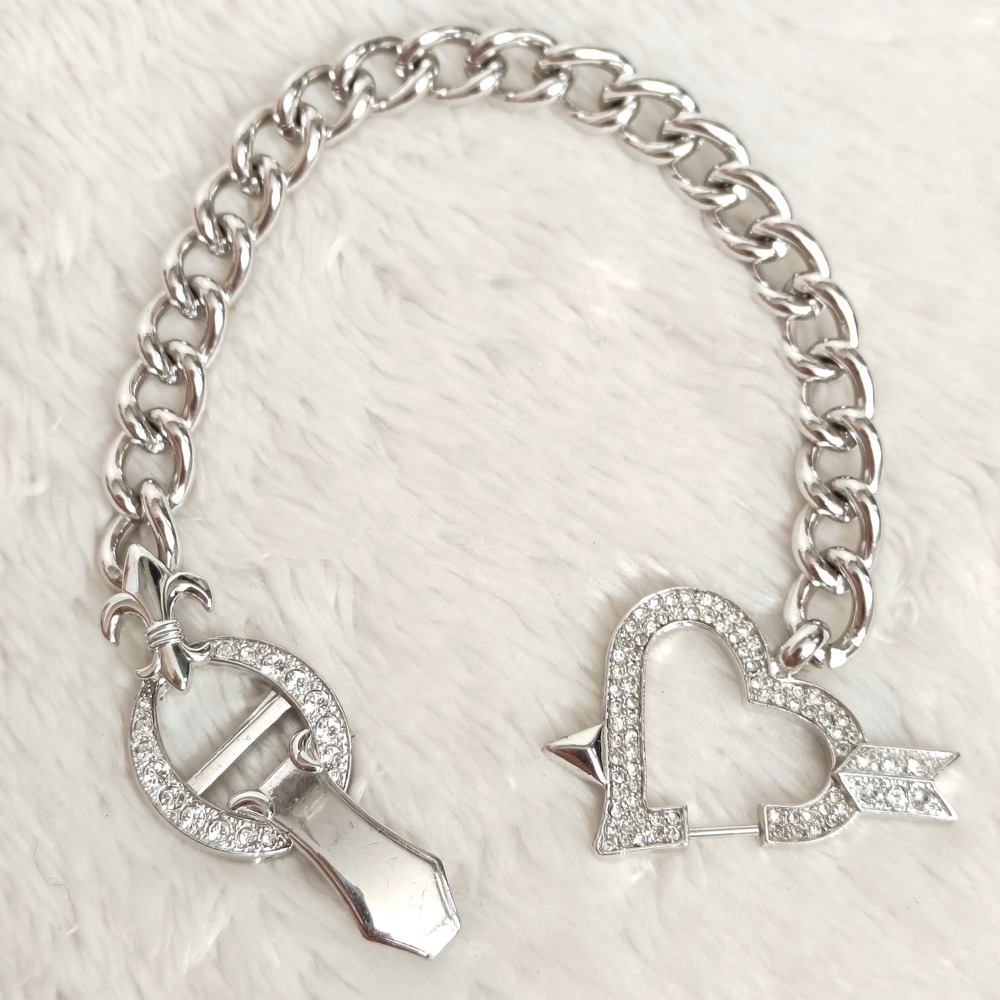 Silver Tone Rhinestone Heart Arrow Curb Chain Bracelet Fleur-de-lis Chunky 7.5"